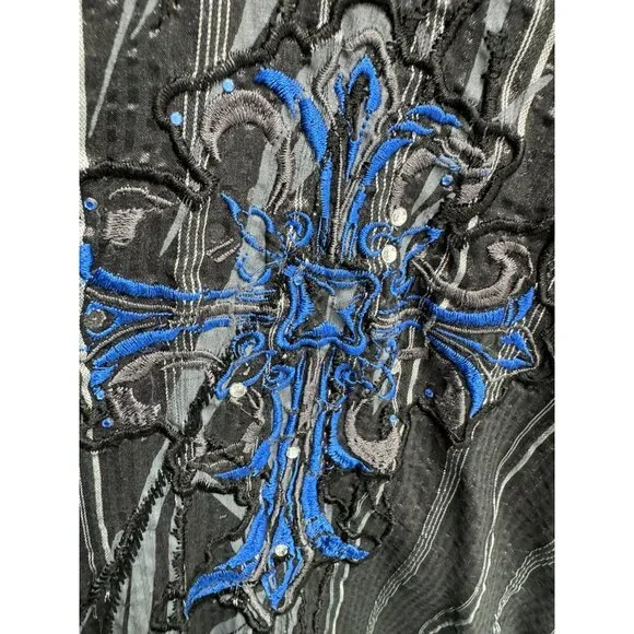 VTG Men Shirt Y2K Semi Sheer Metallic Embroidered Cross 3/4 Sleeve Bling Goth XL - Picture 3 of 8